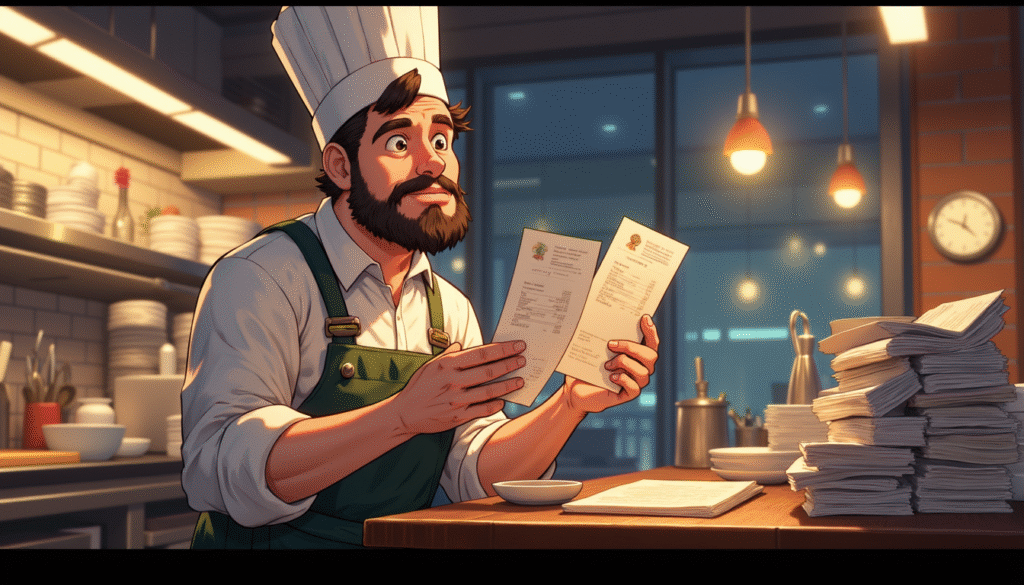 Seorang chef restoran sedang membaca dokumen laporan keuangan di dapur profesional, menunjukkan pentingnya keterlibatan dapur dalam proses audit keuangan.

