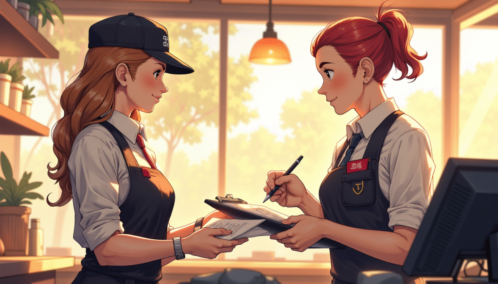 Dua staf kasir restoran sedang mencocokkan data penjualan harian menggunakan perangkat digital dan kertas, sebagai langkah awal audit keuangan restoran.

