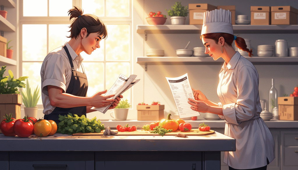 Chef pria dan wanita restoran sedang mengecek daftar pembelian bahan baku dan mencocokkannya dengan stok dapur dalam proses audit keuangan.

