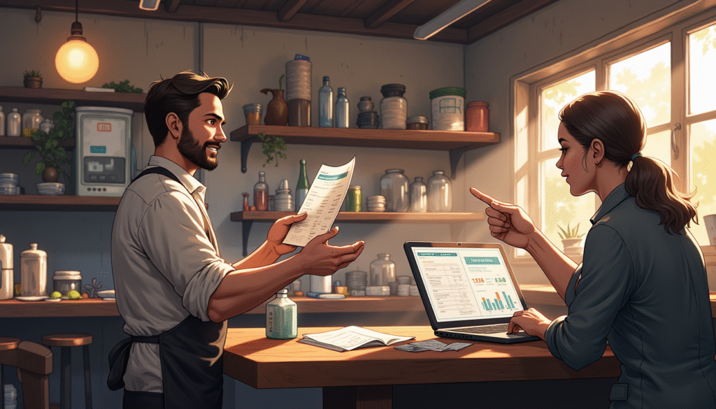 Owner restoran meninjau tagihan listrik, air, dan gas bersama staf keuangan sambil membandingkan grafik pengeluaran operasional di laptop.

