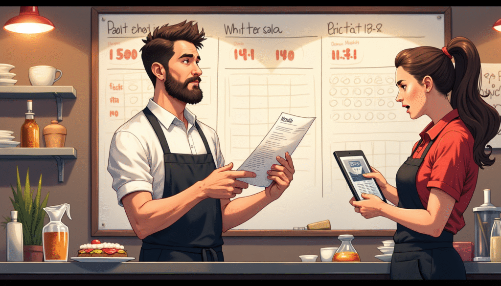 Manajer restoran memeriksa slip gaji dan data absensi karyawan sambil melihat papan jadwal kerja dan laporan penjualan staf.