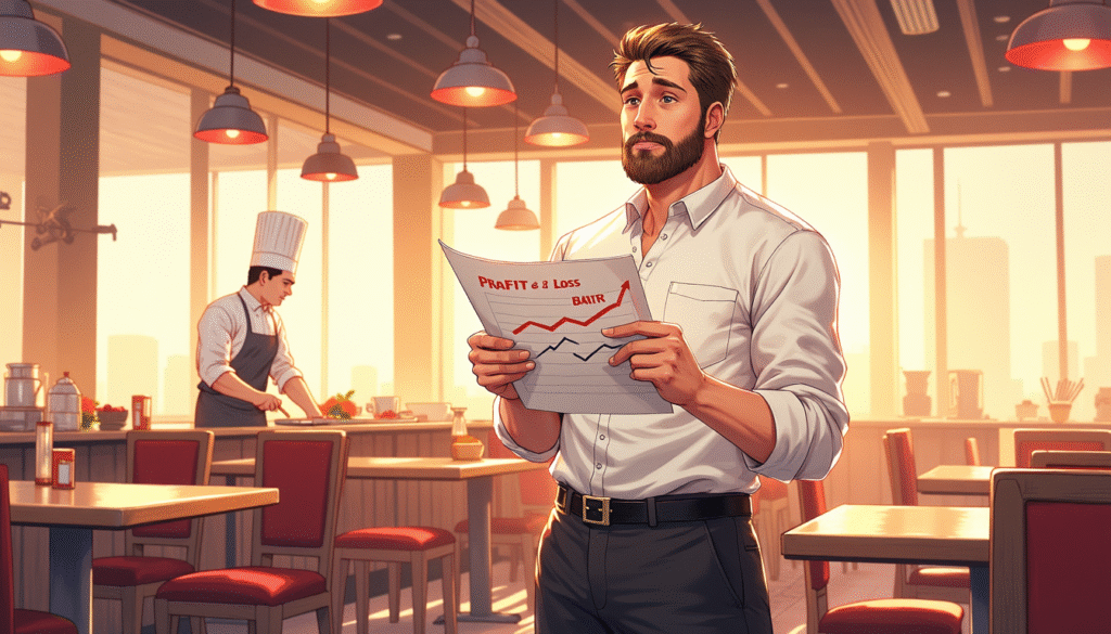 Pemilik restoran membaca laporan laba rugi dengan ekspresi bingung di area makan yang sepi, sementara grafik margin terlihat menurun.