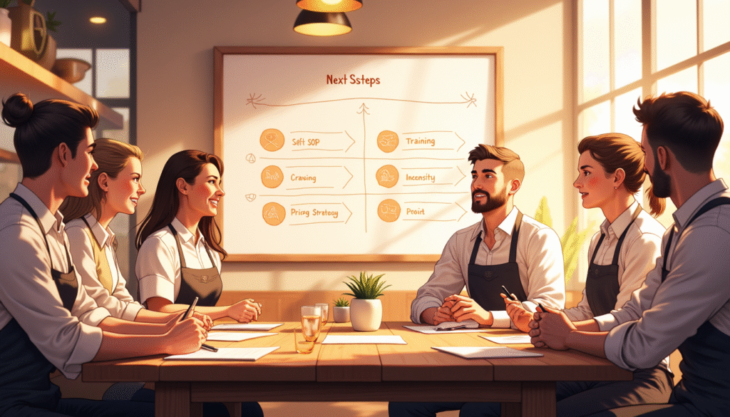 Tim restoran sedang melakukan rapat evaluasi hasil audit keuangan dengan papan strategi berisi langkah-langkah perbaikan.