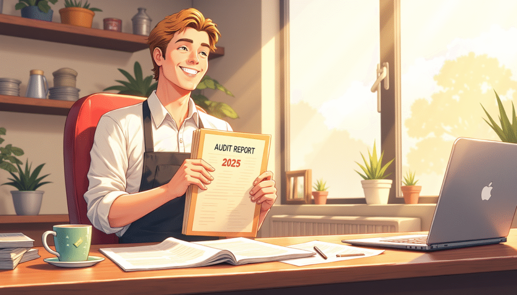 Owner restoran tersenyum puas sambil menutup laporan audit keuangan dengan latar laptop yang menunjukkan status keuangan on track.