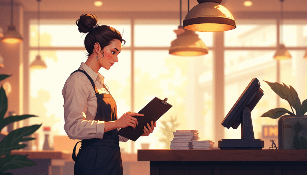 Admin restoran memeriksa checklist audit harian di meja kasir dengan latar suasana restoran Indonesia yang bersih dan profesional.