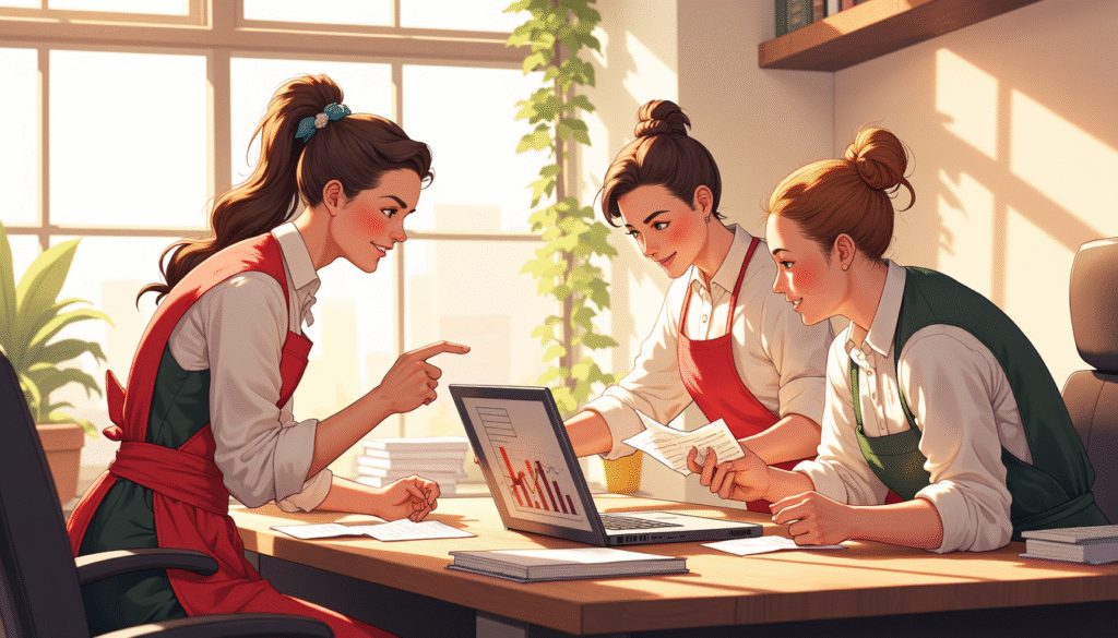 Tim restoran sedang meninjau laporan hasil checklist audit harian secara bersama-sama.